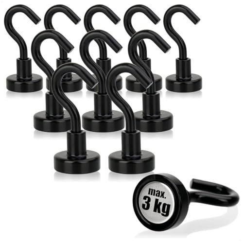 com-four® 10x Neodym Magnethaken 3 kg - starker Werkstatt-Magnet mit Haken 38 x 15 mm - für Küche, Badezimmer, Garage oder Büro - Kleiderhaken mit Neodym-Magnet von com-four