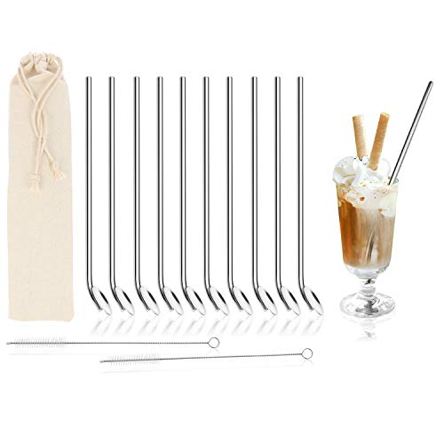 com-four® 10x Trinkhalmlöffel mit Reinigungsbürste - Strohhalmlöffel aus Edelstahl - Trinkhalm mit Rührlöffel - Wiederverwendbar (Edelstahl Barlöffel - 10 Stück) von com-four