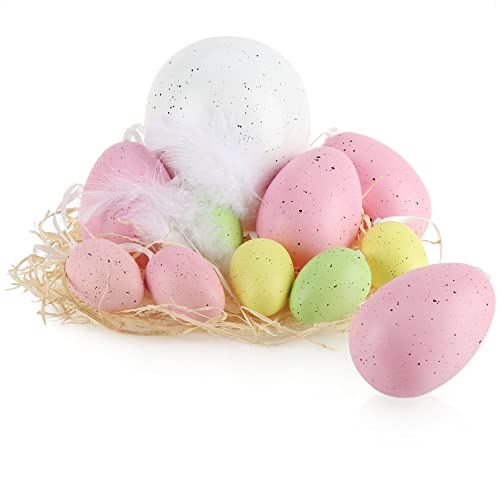 com-four® 11-teiliges Ostereier-Set - Deko-Ostereier in 3 Größen zum Anhängen - Bunte Hängedeko für Ostern - Dekoration für Strauch und Osterkorb mit Federn und Stroh (11 Stück - Gelb/Rosa/Weiß/Grün) von com-four