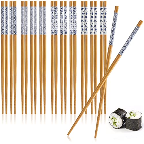 com-four® 12 Paar Essstäbchen aus Bambus - wiederverwendbare Chopsticks - Esshölzer-Set mit blauem Design - Bambus-Essbesteck mit Ornamenten Bordüre - Holz-Stäbchen (12 Paar Stäbchen - blau/braun) von com-four