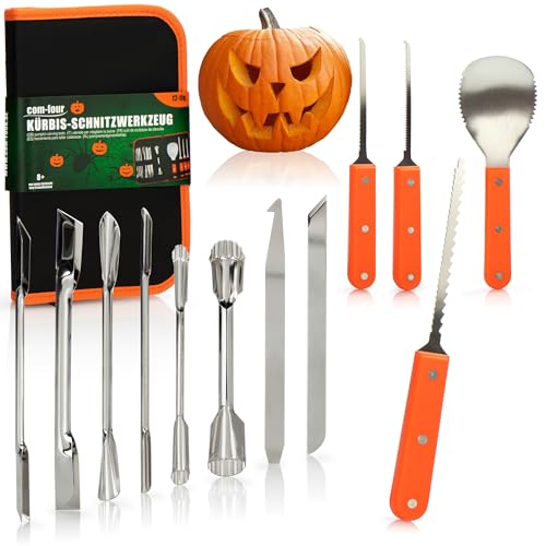 com-four® 12-teiliges Kürbis Schnitz-Set für Halloween - Schneide-Werkzeuge zum Aushöhlen von Kürbissen - Messer, Löffel und Schnitz-Zubehör in Premium-Tasche (Schnitzwerkzeug - 12-teilig) von com-four