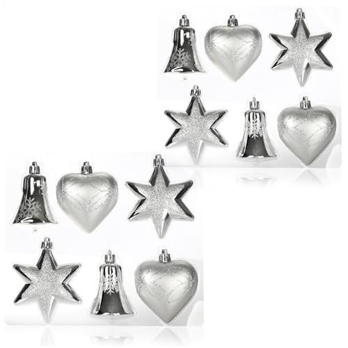 com-four® 12-teiliges Set Christbaumschmuck - Christbaumkugeln in verschiedenen Formen - Glocke, Herz und Stern zum Anhängen am Weihnachtsbaum (silberfarben - 12 Stück) von com-four