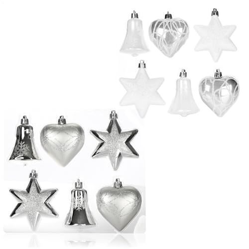 com-four® 12-teiliges Set Christbaumschmuck - Christbaumkugeln in verschiedenen Formen - Glocke, Herz und Stern zum Anhängen am Weihnachtsbaum (weiß/silberfarben - 12 Stück) von com-four