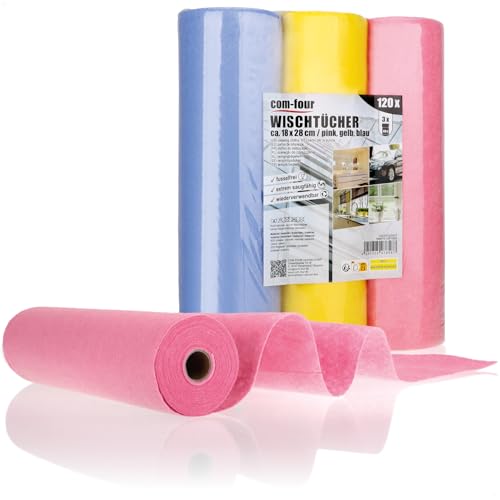 com-four® 120x Haushaltstücher auf Rollen in 3 Farben - extrem saugfähige und strapazierbare Reinigungstücher aus Viskose - Wiederverwendbare Allzweck-Wischtücher (18x28-120 Stück - Rolle) von com-four