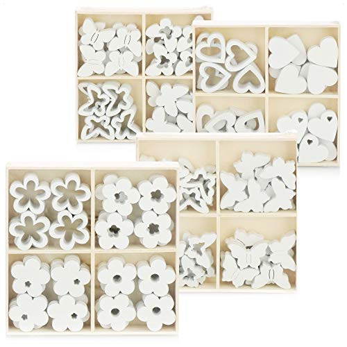 com-four® 128-teiliges Set Streudeko - Schmetterlinge, Herzen und Blumen aus Holz in mehreren Designs - Holz-Streudeko zum Dekorieren und Basteln (128 Stück Herz Blume Schmetterling) von com-four