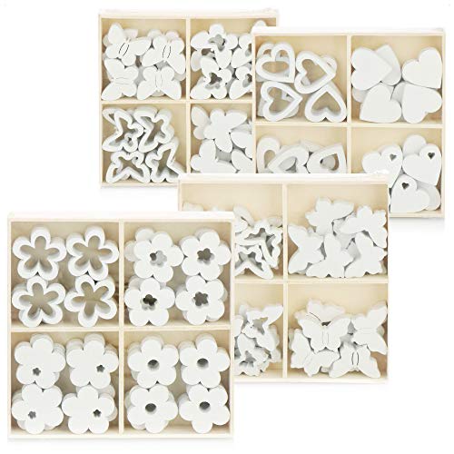 com-four® 128-teiliges Set Streudeko - Schmetterlinge, Herzen und Blumen aus Holz in Mehreren Designs - Holz-Streudeko zum Dekorieren und Basteln (128 Stück Herz Blume Schmetterling) von com-four