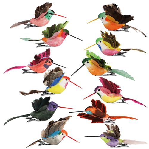 com-four® 12x Dekokolibri - künstliche Blütenvögel in bunten Designs - kleine Dekovögel mit Federn und Metall-Clip - Zier-Vogel für Dekoration - Nektarfee (12 Stück - Kolibri) von com-four