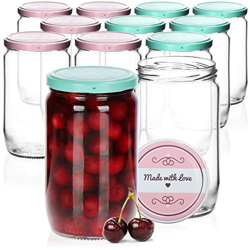 com-four® 12x Einmachgläser mit Schraub-Deckel Made with love in grün und rosa - TO Ø 82 mm - empfohlene Füllmenge ca. 650 ml - bis Glasrand: ca. 720 ml von com-four