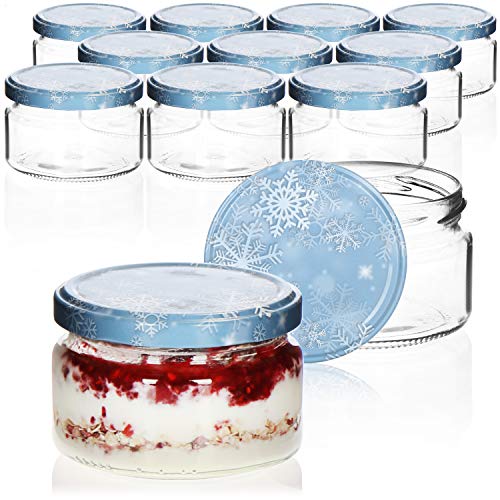 com-four® 12x Einmachgläser Winter Edition TO Ø 82 mm - 250 ml mit Schraub-Deckel im winterlichen Design, blau-weiße Marmeladengläser, Glas mit Schneeflocken-Deckel, Einmachglas Weihnachten von com-four