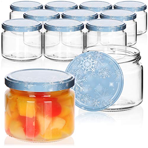 com-four® 12x Einmachgläser Winter Edition TO Ø 82 mm - 330 ml mit Schraub-Deckel im winterlichen Design, blau-weiße Marmeladengläser, Glas mit Schneeflocken-Deckel, Einmachglas Weihnachten von com-four
