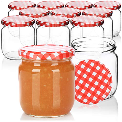 com-four® 12x Einmachgläser mit rot/weiß kariertem Schraub-Deckel - TO Ø 82 mm - bis zu ca. 425 ml von com-four