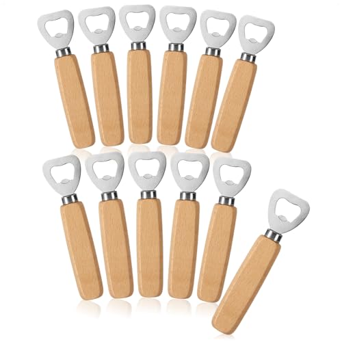 com-four® 12x Flaschenöffner aus rostfreiem Edelstahl - mit ergonomischem Buchenholz-Griff - Kapselheber ohne Logo - formschöner Bierflaschenöffner (12 Stück - Holz) von com-four