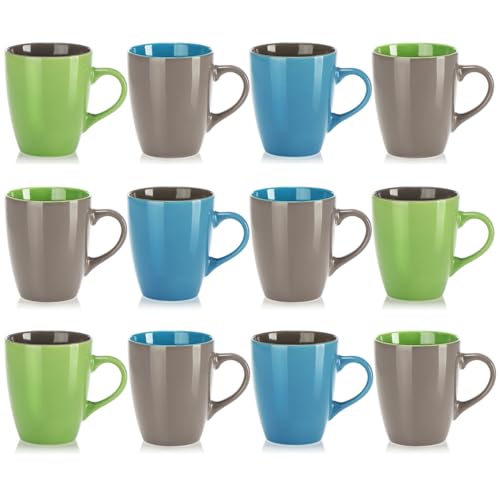 com-four® 12x Kaffeetassen aus Keramik - Kaffeepott für Kalt- und Heißgetränke - Kaffee-Becher in modernem Design - farbige Henkeltasse - Trinkbecher 300 ml (12 Stück - blau/grün/grau) von com-four