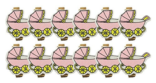 com-four® 12x Mini Deko Wäscheklammer mit Kinderwagen-Motiv in pink, kleine Holz-Klammer für Bilder, Collagen, Post-Karten, Fotos oder Notizen (012 Stück - Kinderwagen pink) von com-four