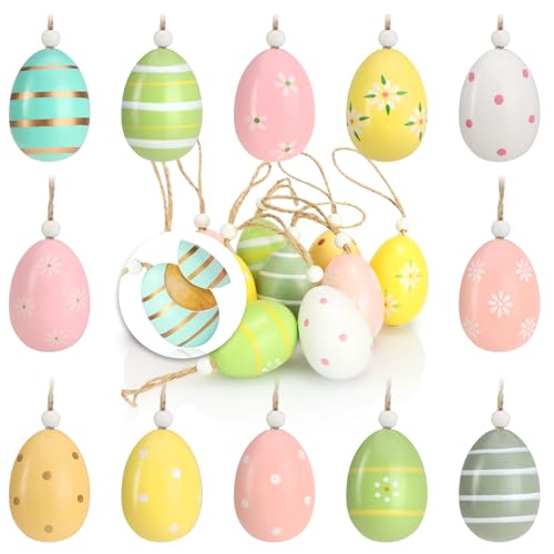 com-four® 12x Ostereier zum Aufhängen - Osterdeko aus Holz in tollen Farben - Deko Ostereier mit schönen Mustern von com-four