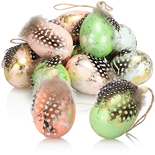 com-four® 12x Ostereier zum Anhängen 7 x 4 cm - Elegante Hängedeko für den Osterstrauch - Ostereier mit Federn und Holzperle in Glanz-Optik - Deko-Eier aus Kunststoff von com-four