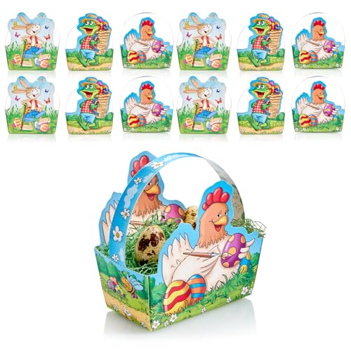 com-four® 12x Osterkorb mit Motiv - Pappkörbchen zum befüllen - Osternest für Geschenke und Ostereier - Geschenktasche aus Pappe mit Tragegriff (Set 2-12 Stück) von com-four