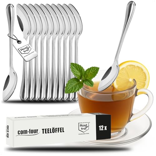 com-four® 12x Teelöffel aus Edelstahl - stilvolles Tafelbesteck im schlichten Design - Kaffeelöffel - Dessertlöffel - Teeservice - ca. 15 cm (12 Stück - Teelöffel 15cm) von com-four