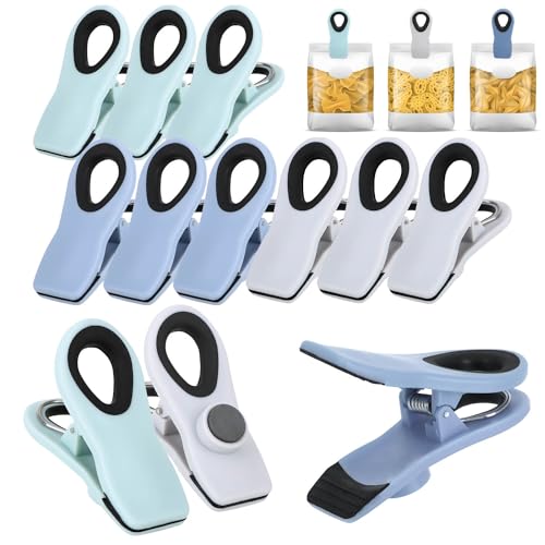 com-four® 12x Verschlussklammern für Tüten - Tüten-Clips zum Verschließen und Frischhalten - Beutelclips aus Kunststoff - Verschlussklemmen mit kleinem Magnet (12 Stück - grau + blau + mint) von com-four