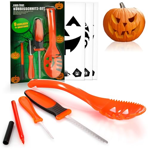 com-four® 13-teiliges Kürbis Schnitz-Set für Halloween - Schneide-Werkzeuge zum Aushöhlen von Kürbissen - Messer, Löffel, Stift und Schablonen (orange ohne LED) von com-four