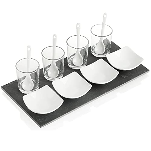 com-four® 13-teiliges Servier-Set - Schieferplatte mit Gläsern, Schälchen eckig und Löffeln - für Vorspeisen, Aperitifs und Snacks - Küchenzubehör (13-tlg - Eckig) von com-four