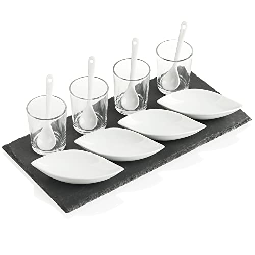 com-four® 13-teiliges Servier-Set - Schieferplatte mit Gläsern, Schälchen und Löffeln - für Vorspeisen, Aperitifs und Snacks - Küchenzubehör (13-tlg - Boot) von com-four