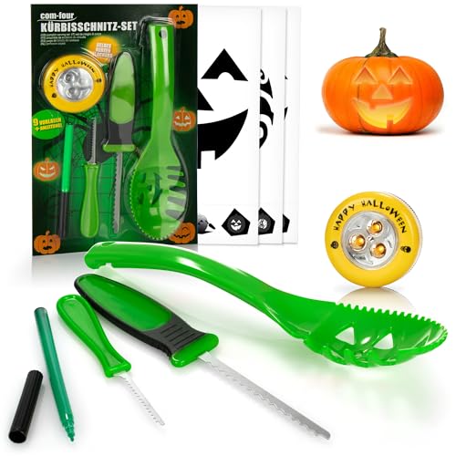 com-four® 14-teiliges Kürbis Schnitz-Set für Halloween - Schneide-Werkzeuge zum Aushöhlen von Kürbissen - Messer, Löffel, Stift, Schablonen und LED Kürbislicht (grün mit LED) von com-four