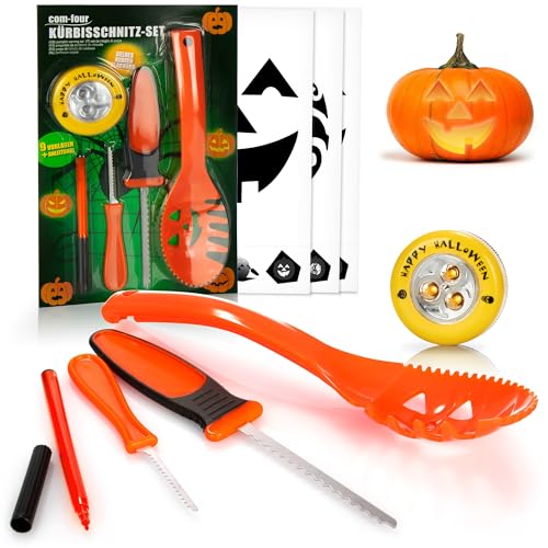 com-four® 14-teiliges Kürbis Schnitz-Set für Halloween - Schneide-Werkzeuge zum Aushöhlen von Kürbissen - Messer, Löffel, Stift, Schablonen und LED Kürbislicht (orange mit LED) von com-four