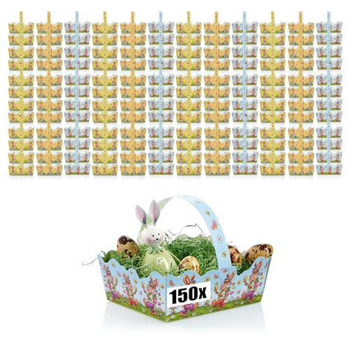 com-four® 150x Osterkorb mit Motiv - Pappkörbchen zum befüllen - Osternest für Geschenke und Ostereier - Geschenktasche aus Pappe mit Tragegriff (Set 7-150 Stück) von com-four