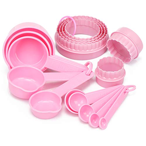 com-four® 16-teiliges Back- und Küchen-Set mit Messlöffel und Ausstechformen - Dosierlöffel und Backformen zum Kochen (16-teilig - rosa) von com-four