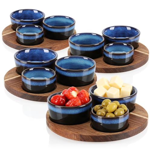 com-four® 16-teiliges Servierset - Schüsselset mit Holzbrett zum Servieren von Tapas, Mezze oder Antipasti - Schälchen in 3 Größen mit Serviertablett aus Akazienholz (16-teilig blau) von com-four
