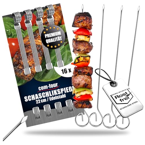 com-four® 16x Schaschlikspieße 22 cm aus Edelstahl - Lange Fleischspieße - Premium Grillspieße, Gemüsespieße im Set für BBQ, Grill, Fleisch, Schaschlik und Gemüse (22cm - 16 Stück) von com-four