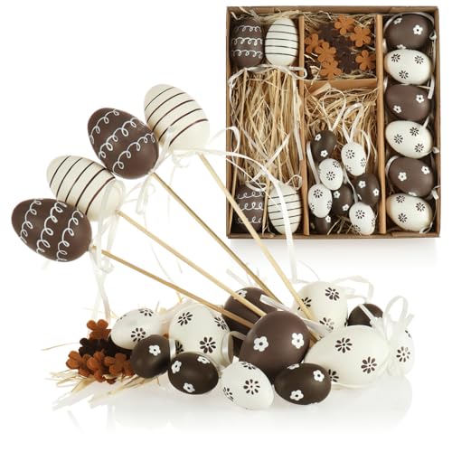 com-four® 18-teiliges Osterdeko-Set - Osterdeko für den Osterstrauß - Ostereier zum Anhängen und Stecken - Streudeko von com-four
