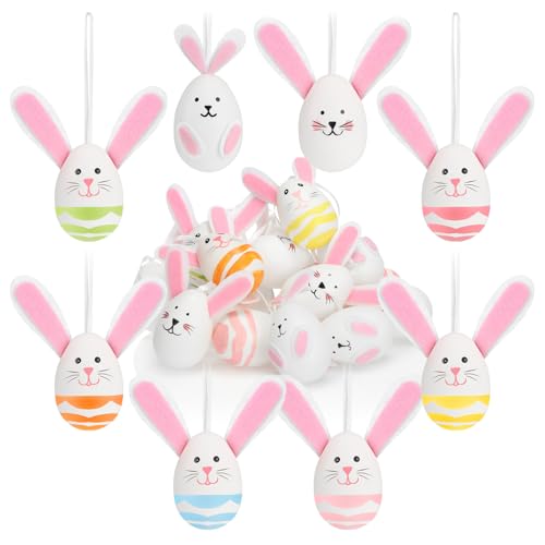 com-four® 18x Ostereier zum Aufhängen 8 cm - Osterdeko in Form eines Osterhasen - Deko Ostereier mit Hasenohren und Seidenband zum Aufhängen (Haseneier - 01) von com-four