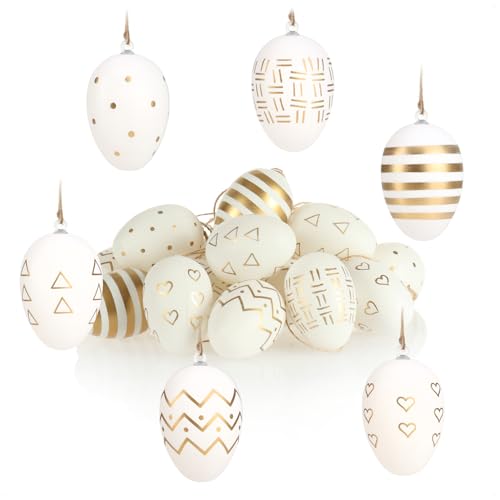 com-four® 18x Ostereier zum Aufhängen - Ostereier mit Muster weiß/goldfarben - Hängedeko aus Kunststoff für den Osterstrauß (18 Stück - weiß/goldfarben) von com-four