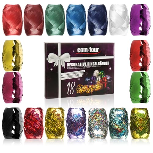 com-four® 18x Ringelband in bunten Farben - 20 m je Rolle - Set Geschenkbänder in Geschenkverpackung - zum Basteln und Verpacken - funkelndes Polyband für Schleifen und saisonale Deko (Festlich) von com-four