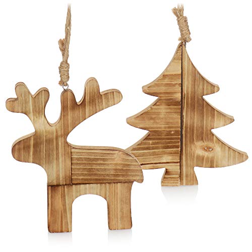 com-four® 2-teilges Hängedeko Set aus Holz - Dekoration zum Aufhängen in Elchform und Tannenbaumform - weihnachtliche Wanddeko (02 teilig - Rentier. Tannenbaum) von com-four