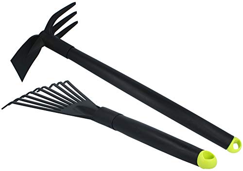 com-four® 2-teiliges Premium Garten-Werkzeug Set aus Kleinbesen und Doppelhacke - ideales Zubehör für die Garten-Arbeit von com-four