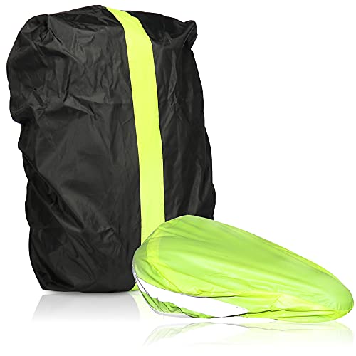 com-four® 2-teiliges Regenschutzset - Wasserdichter Rucksackschutz und Sattel-Regenschutz für das Fahrrad - Regenhüllen mit gelbem Reflexionsstreifen (2-teilig - Rucksackschutz Sattelschutz) von com-four
