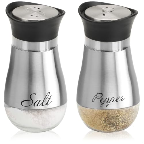 com-four® 2-teiliges Salz- und Pfefferstreuer-Set aus Edelstahl und Glas - Gewürzbehälter mit Aufschrift - Schüttler für Gewürze in Küche und Gastronomie - Würzspender (2-teiliges Set - silberfarben) von com-four