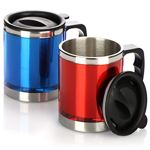 com-four® 2-teiliges Set Iso-Kaffeebecher, 300 ml Reisebecher mit Henkel und Schwappschutzdeckel, Trinkbecher in modernen Farben für den Kaffee unterwegs (2 Stück - rot, blau) von com-four
