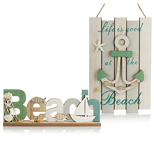 com-four® 2-teiliges Set maritime Holz-Dekoration - Hängedeko und Tischdeko - Aufsteller und Aufhänger aus Holz - nautische Wohnraumdekoration im Vintage-Stil (2 Stück - Hänger + Ständer grün-blau) von com-four