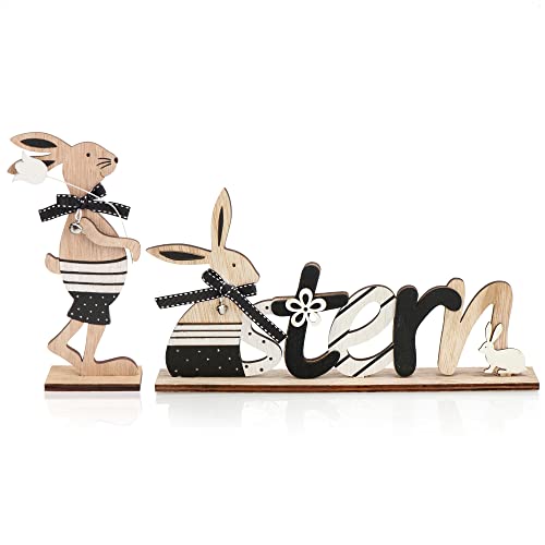 COM-FOUR® 2-teiliges Set Oster-Deko aus Holz - Aufsteller mit Schriftzug und Osterhase - Holz-Deko für Ostern zum Hinstellen (2 Stück - Hellbraun) von com-four