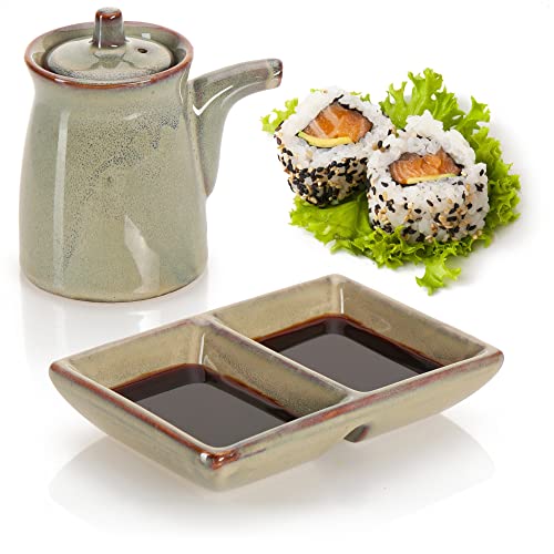 com-four® 2-teiliges Sushi-Servierset - Schale und Kanne aus Keramik für Soßen - hochwertiges Geschirr zum Servieren - asiatisch von com-four