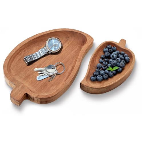 com-four® 2-teiliges Tablett-Set aus Akazienholz - Deko-Bretter in Blatt-Form - Serviertabletts für Tischdekoration - Holzablage in 2 Größen - Servierplatten für Snacks, Käse, Wurst (2 Stück - Blatt) von com-four