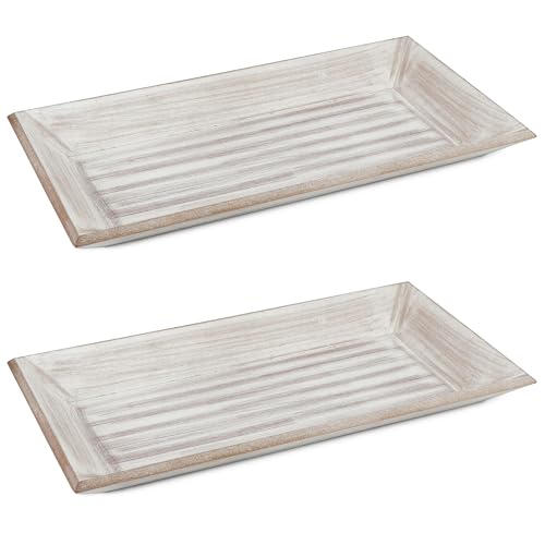 com-four® 2-teiliges Tablett-Set aus Holz - Vintage Holztablett rechteckig - Serviertablett in rustikaler Optik - große Dekoschale - Schlüsselbrett - Kerzenteller (2 Stück - braun/weiß) von com-four