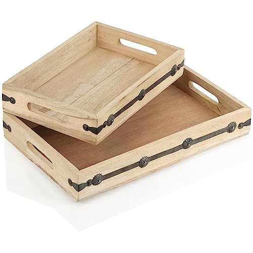 com-four® 2-teiliges Tablett-Set aus Mangoholz - Deko-Bretter mit Metallverzierung - Serviertabletts mit Tragegriffen - Wiederverwendbare Holzablage in 2 Größen (02 Stück - Tablett Mangoholz) von com-four