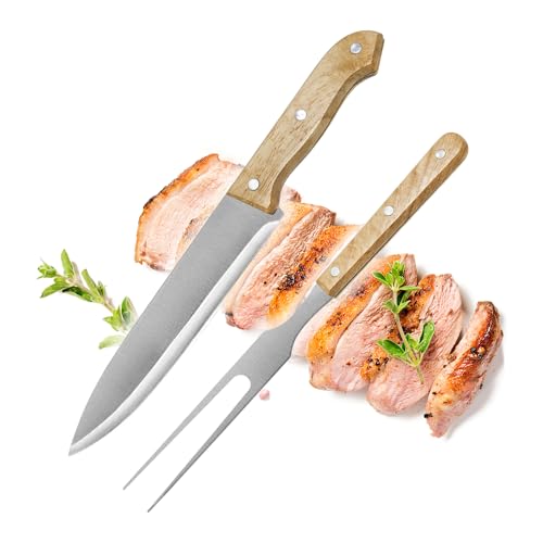 com-four® 2 teiliges Tranchierbesteck-Set - Grill-Besteck aus rostfreiem Edelstahl mit Holzgriff - Fleischmesser und Fleischgabel - Bratengabel (2 tlg. Tranchier Set - Holz) von com-four