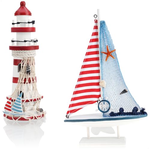 com-four® 2-teiliges maritimes Deko-Set - Dekoratives Holz-Segelschiff 27 cm und Leuchtturm 23 cm für EIN maritimes Ambiente in Ihrem Zuhause (02-teilig - Segelschiff + Leuchturm blau/rot) von com-four