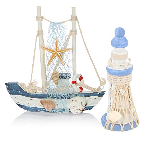 com-four® 2-teiliges maritimes Deko-Set - Segelschiff und Leuchtturm aus Holz im Used-Look [Auswahl variiert] (02-teilig - Segelschiff + Leuchturm) von com-four